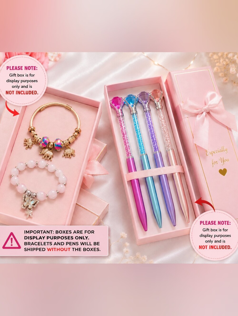 6-Piece Sparkling Pen & Charm Bracelet Gift Set for Girls – 4 Diamond Pens + 2 B